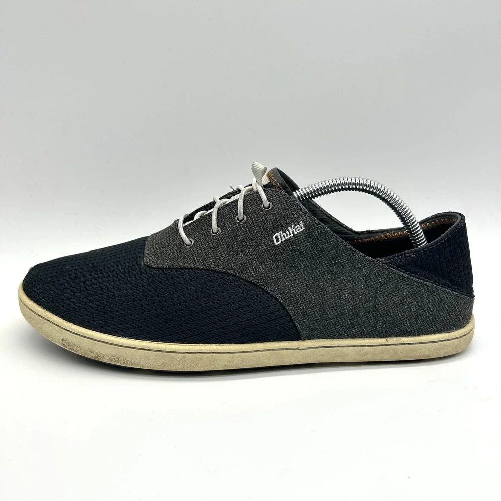 Olukai Nohea Moku Sneakers Mens Size 10 Black Charcoal Mesh Boat Shoes Casual